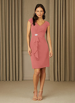 Azazie Nola Mère de la mariée Robes Robe Fourreau en Mousseline de soie Col en V Plissé Rose Saumon image1