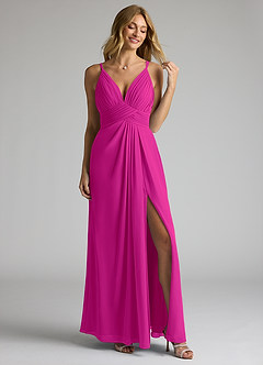 Azazie Maren Allure Vestidos de damas de honor Vestido de Fucsia de Gasa de Corte en A con Cuello en V Encaje image4