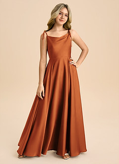Azazie Popsy Junior Cinnamon A-Line Bow Stretch Satin Dress image8