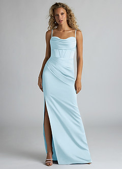 Azazie Mai Bridesmaid Dresses Sky Blue Sheath Pleated Stretch Satin Dress image1