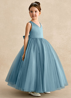 Azazie Peanut Blumenmädchenkleider A-Linie Riemen Tüll Kleid Stimmungsvolles Blau image2