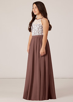 Azazie Fahari Junior Espresso A-Line Lace Chiffon Dress image3