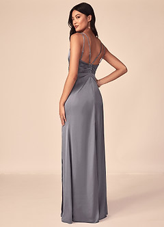 Azazie Aqua Bridesmaid Dresses Shadow A-Line V-Neck Pleated Stretch Satin Dress image5