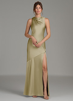 Azazie Kiara Bridesmaid Dresses Moss Green Mermaid Pleated Stretch Satin Dress image1
