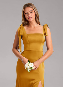 Azazie Frostine Vestidos de damas de honor Vestido de Caramelo de Satén Elástico de Corte en A con Lazo image10