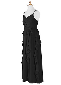 Azazie Peyton Vestido de Negro de Gasa/ Chiffon de Acampanado con Volantes en cascada Cuello en V image8