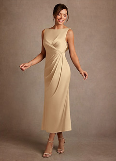 Azazie Mazhe Mother of the Bride Dresses Champagne A-Line Pleated Stretch Satin Dress image3