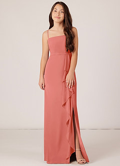 Azazie Kaylee Junior Salmon Pink A-Line with Belt Chiffon Dress image1