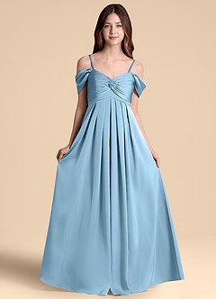 Azazie Kaitlynn Junior Abito A-Line in Raso Elasticizzato a Spalla Scoperta Blu Acciaio image6