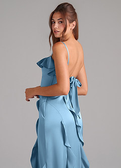 Azazie Malia Bridesmaid Dresses Steel Blue A-Line Side Slit Stretch Satin Dress image2