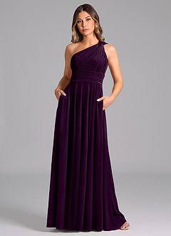 Azazie Charlize Bridesmaid Dresses Grape A-Line One Shoulder Velvet Dress image3