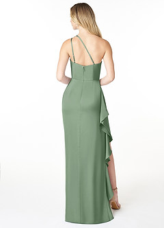 Azazie Latrice Bridesmaid Dresses Matcha Sheath One Shoulder Cascading Ruffles Stretch Satin Dress image2