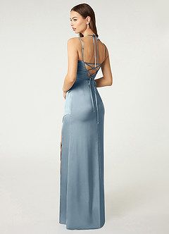 Azazie Desi Bridesmaid Dresses Dusty Blue Sheath Halter Corset Stretch Satin Dress image5