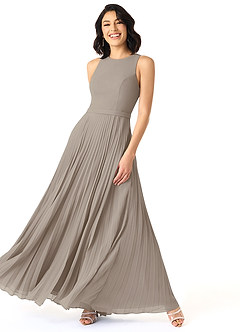 Azazie Lindie Brautjungfernkleider A-Linie Schaufel Gefaltet Chiffon Kleid Taupe image3