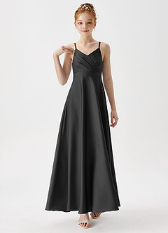 Azazie Avelina Junior Black A-Line Pleated Stretch Satin Dress image4