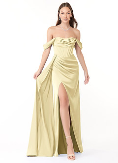 Azazie Amyra Bridesmaid Dresses Lemon Sorbet Mermaid Off the Shoulder Stretch Satin Convertible Dress image1