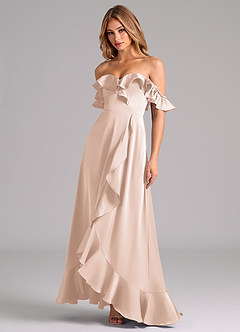 Azazie Lyra Bridesmaid Dresses Blushing Pink A-Line Off the Shoulder Stretch Satin Convertible Dress image4