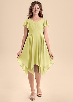 Azazie Janeaurelia Junior Lemon Sorbet A-Line Pleated Chiffon Dress image6
