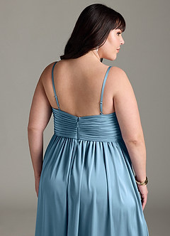 Azazie Alia Vestidos de damas de honor Vestido de Azul Acero de Satén Elástico de Corte en A con Plisado image15