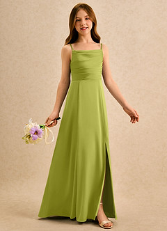 Azazie Chamomile Girls Formal Flower Girl Dresses Lemongrass A-Line Pleated Stretch Satin Dress image2
