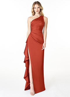 Azazie Latrice Bridesmaid Dresses Rust Sheath One Shoulder Cascading Ruffles Stretch Satin Dress image1