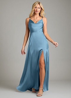 Azazie Sarella Vestidos de damas de honor Vestido de Azul Acero de Satén Elástico de Corte en A con Plisado image6