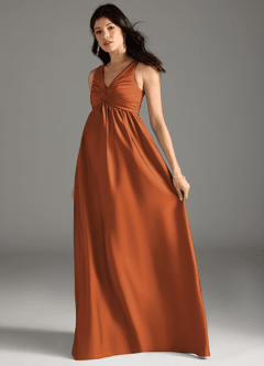 Azazie Yetta At-home Try On Dresses A-Line Pleated Stretch Satin Floor-Length Dress image6