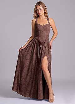 Azazie Francis Bridesmaid Dresses Espresso A-Line Corset Floral Burnout Dress image4