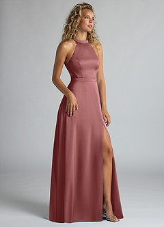 Azazie Clarice Bridesmaid Dresses Amethyst A-Line High Neck Stretch Satin Dress image2