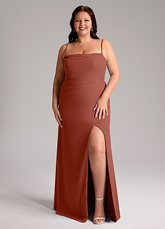 Azazie Leonis Vestidos de madrinha de casamento Vestido Castanho Aloirado de Chiffon de Bainha com Sem alças image9