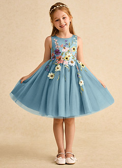 Azazie Prima Robe Demoiselle D'honneur Fillette Robe Trapèze en Tulle Arc Bleu Maussade image1
