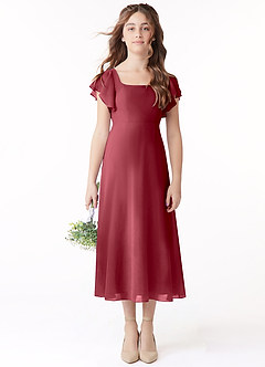 Azazie Bondi Junior A-Line Ruchede Chiffon Te-længde Junior brudepige Kjole image2