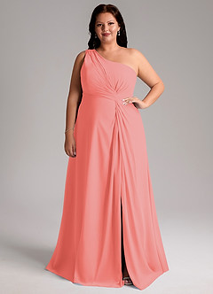 Azazie Brooke Bridesmaid Dresses Coral A-Line One Shoulder Chiffon Dress image8