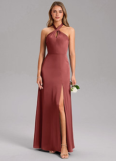 Azazie Tracie At-home Try On Dresses Bronzer A-Line Side Slit Stretch Satin Dress image3