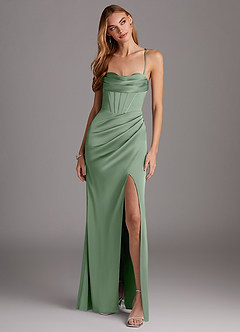 Azazie Brookelle Robes de demoiselle d'honneur Robe Fourreau en Satin extensible Corset en cœur Matcha image4