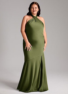 Azazie Lorena Bridesmaid Dresses Olive Mermaid Pleated Stretch Satin Dress image9
