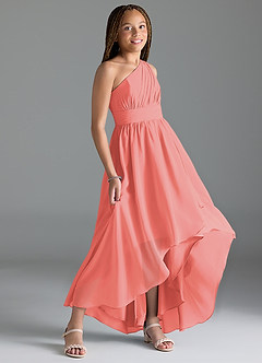 Azazie Mathilda Junior Robe Trapèze en Mousseline de soie Plissée Corail image3