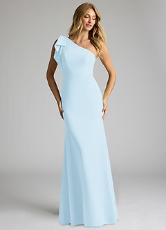 Azazie Rinna At-home Try On Dresses Sky Blue Mermaid One Shoulder Stretch Crepe Dress image3