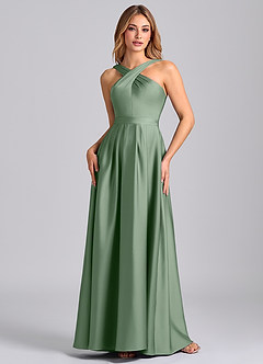 Azazie Dixie Vestidos de damas de honor Vestido de Matcha de Satén Elástico de Corte en A con Plisado image4