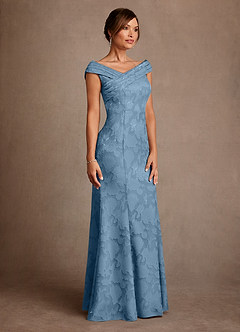 Azazie Aberdeen Mother of the Bride Dresses Steel Blue Sheath Pleated Floral Burnout Dress image3