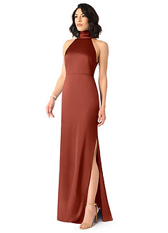Azazie x Delaney Bridesmaid Dresses Terracotta Sheath High Neck Stretch Satin Dress image2