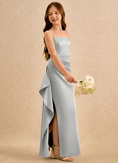 Azazie Cannoli Girls Formal Robe Demoiselle D'honneur Fillette Robe Trapèze en Satin extensible Plissée Argent image4