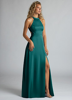 Azazie Clarice Bridesmaid Dresses Peacock A-Line High Neck Stretch Satin Dress image2