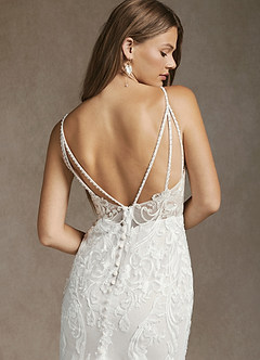 Azazie Josephine At-home Try On Dresses Diamond White Mermaid V-Neck Sequins Tulle Dress image6