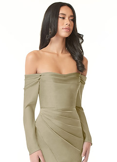 Azazie Hallie Bridesmaid Dresses Moss Green Sheath Off-The-Shoulder Long Sleeve Stretch Satin Convertible Dress image1