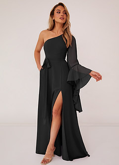 Barbie ♥ Azazie Bridesmaid Dresses Black A-Line Long Sleeve Chiffon Dress image3