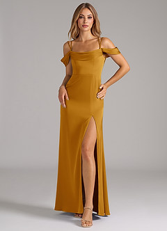 Azazie Callan Brautjungfernkleider Wandelbar A-Linie Plissee Stretch-Satin Kleid Butterscotch image3