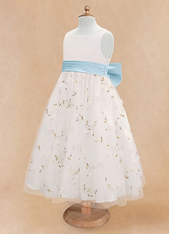 Azazie Pollie vestidos de niña de las flores Vestido de Marfil Azul Cielo de Tul de Corte En A con Lazo image13