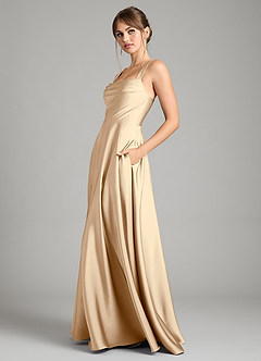 Azazie Shaude Bridesmaid Dresses Champagne A-Line Pleated Stretch Satin Dress image4