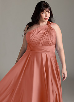 Azazie Charlize Bridesmaid Dresses Salmon Pink A-Line One Shoulder Stretch Satin Dress image15